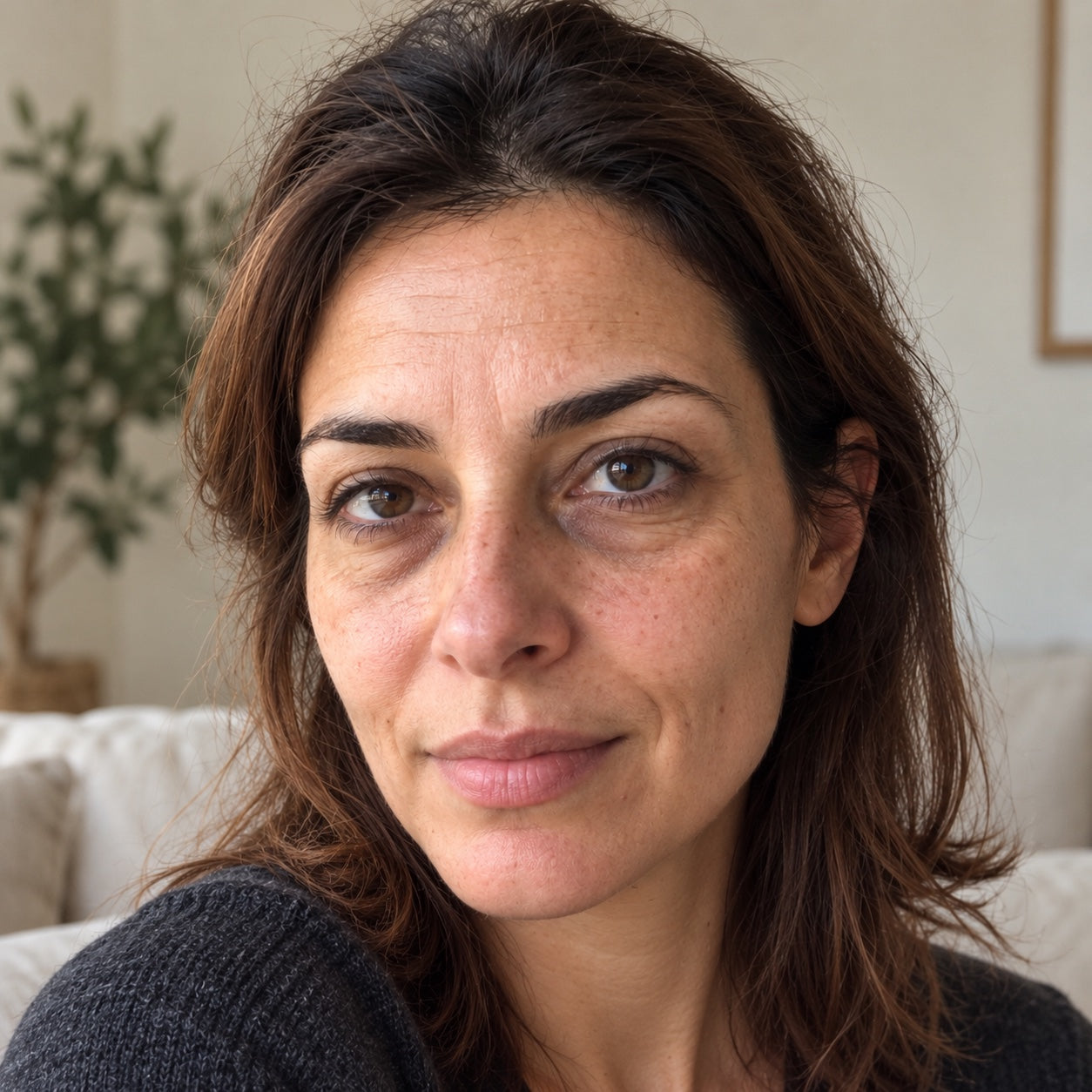 Portrait avant illustratif dans un salon lumineux, avec un léger sourire