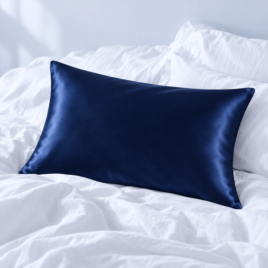 Taie d’oreiller en soie bleu nuit posée sur un lit blanc