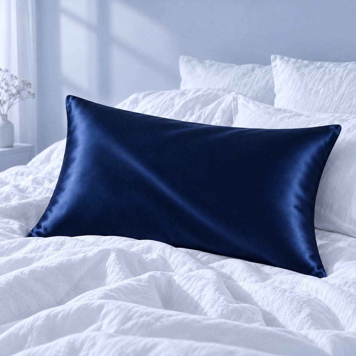 Taie en soie bleu nuit sur un lit blanc dans une chambre lumineuse