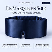 Masque La Chambre 22 bleu nuit : tissu 100 % soie de mûrier, 22 mommes, bandeau réglable. Votre dernier geste beauté.