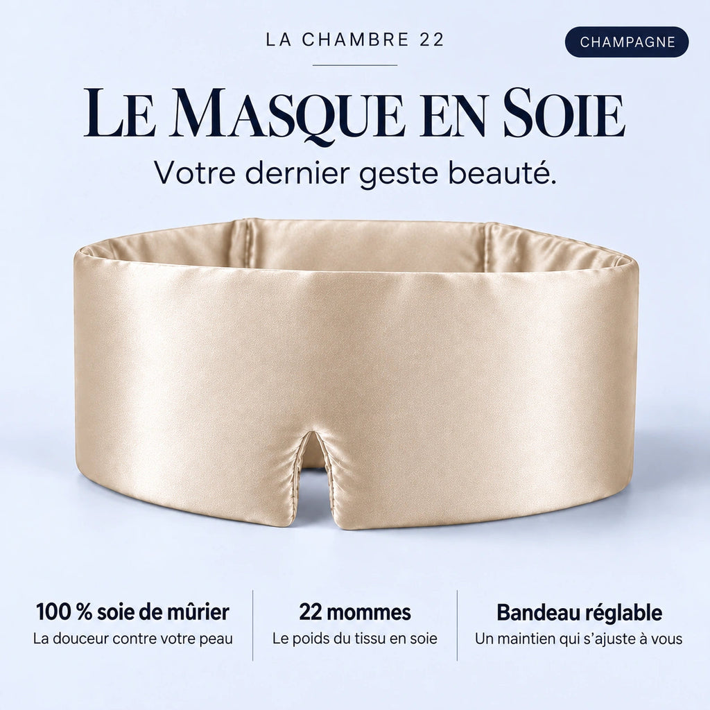 Masque La Chambre 22 champagne : tissu 100 % soie de mûrier, 22 mommes, bandeau réglable. Votre dernier geste beauté.
