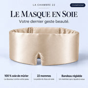 Masque La Chambre 22 champagne : tissu 100 % soie de mûrier, 22 mommes, bandeau réglable. Votre dernier geste beauté.