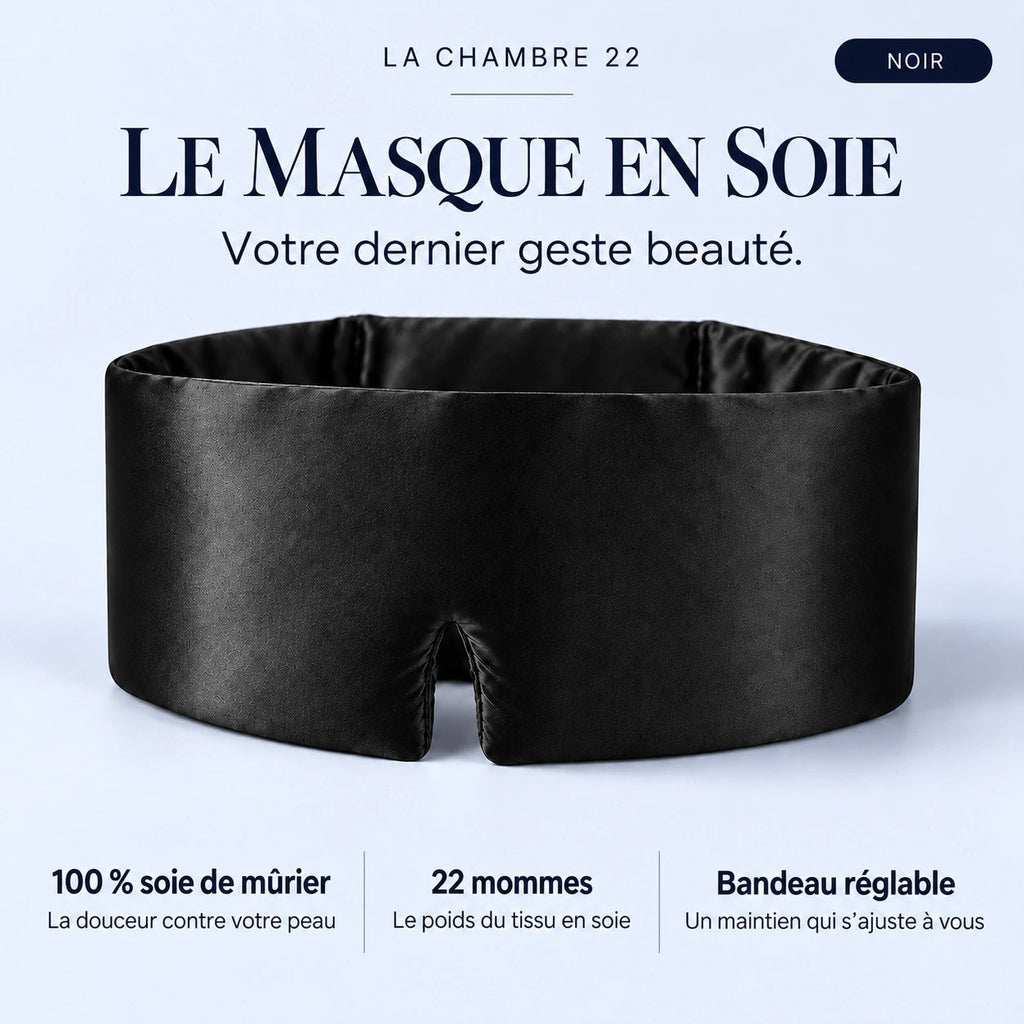 Masque La Chambre 22 noir : tissu 100 % soie de mûrier, 22 mommes, bandeau réglable. Votre dernier geste beauté.