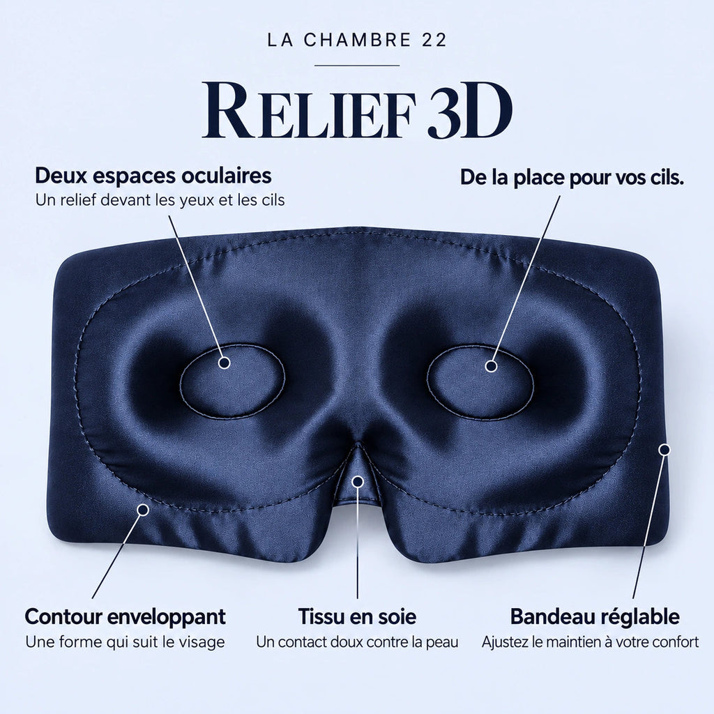 Relief 3D : deux espaces devant les yeux et les cils, contour enveloppant, tissu en soie doux contre la peau et bandeau réglable pour ajuster le maintien.