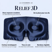 Relief 3D : deux espaces devant les yeux et les cils, contour enveloppant, tissu en soie doux contre la peau et bandeau réglable pour ajuster le maintien.
