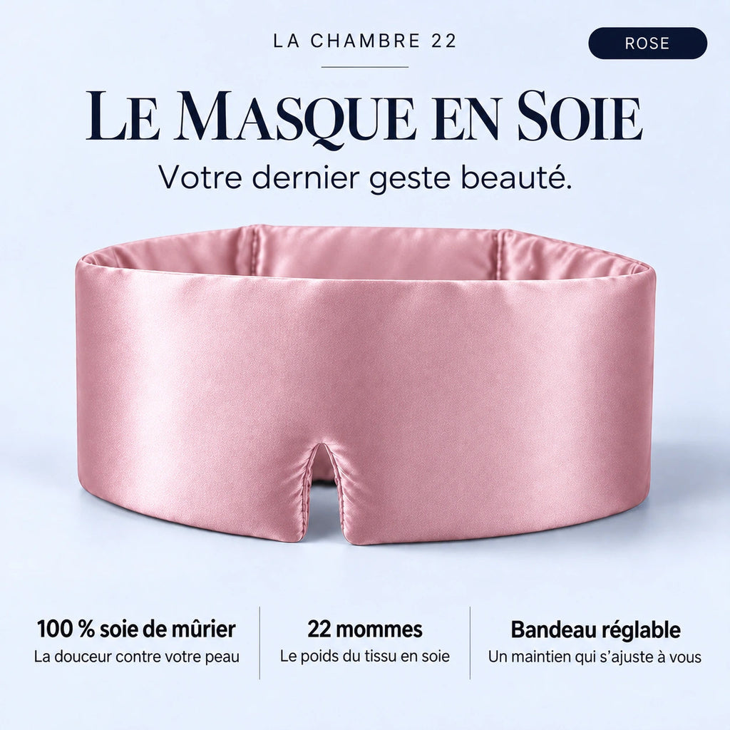 Masque La Chambre 22 rose : tissu 100 % soie de mûrier, 22 mommes, bandeau réglable. Votre dernier geste beauté.