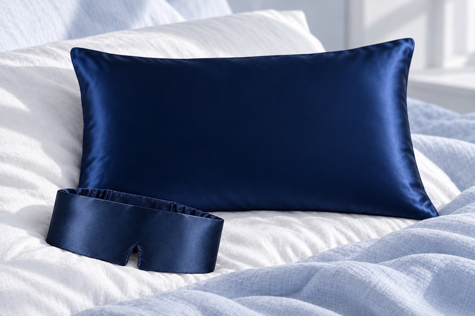 Taie d'oreiller et masque en soie bleu nuit sur un lit blanc