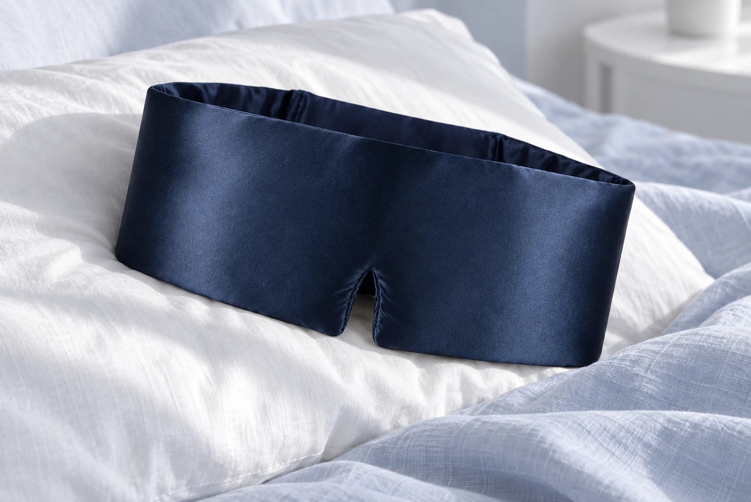 Masque bleu nuit sur un oreiller blanc, dans la lumière douce de la chambre